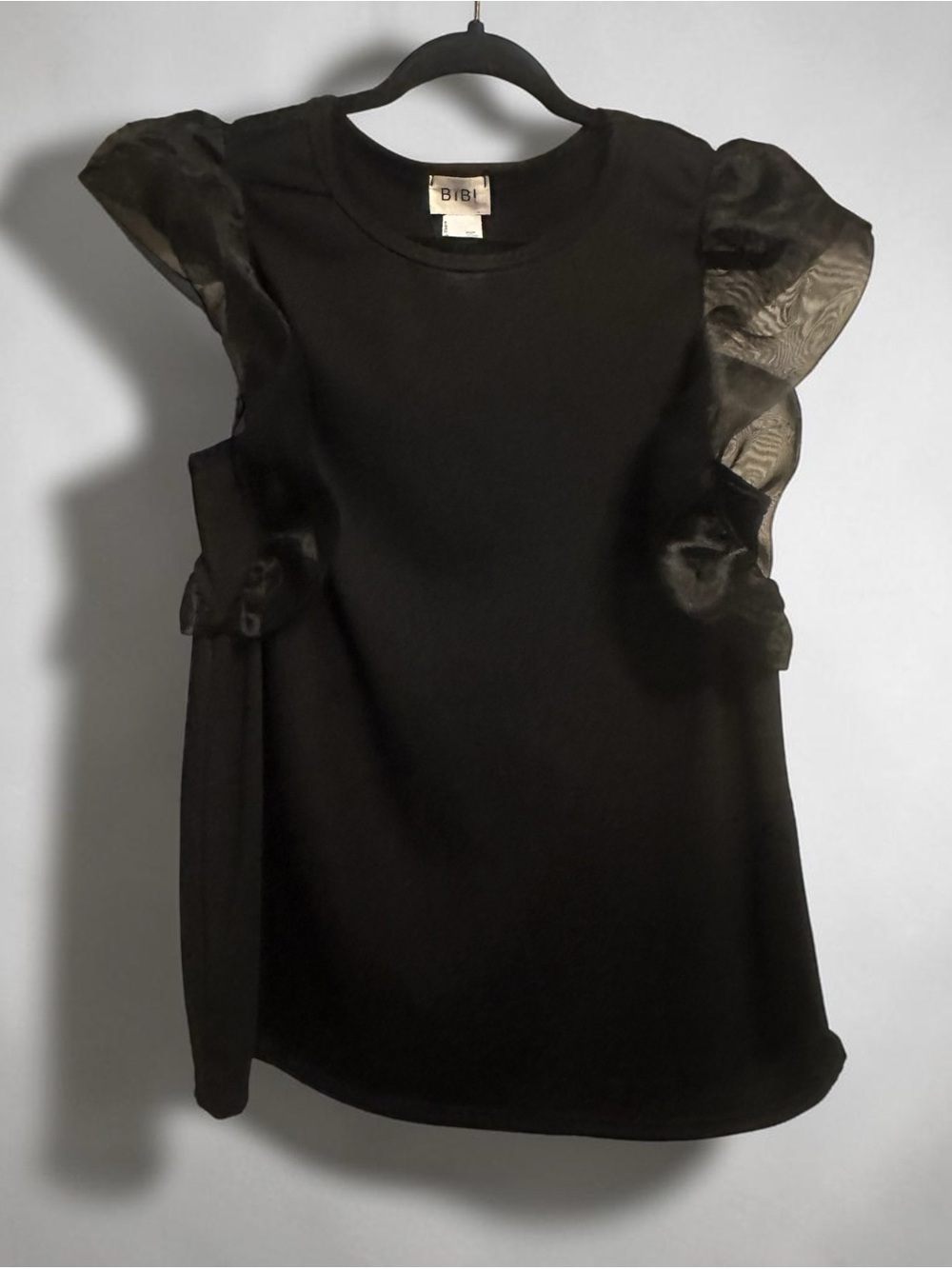 BiBi XL Elegant Black Top with Sheer Puff Sleeves